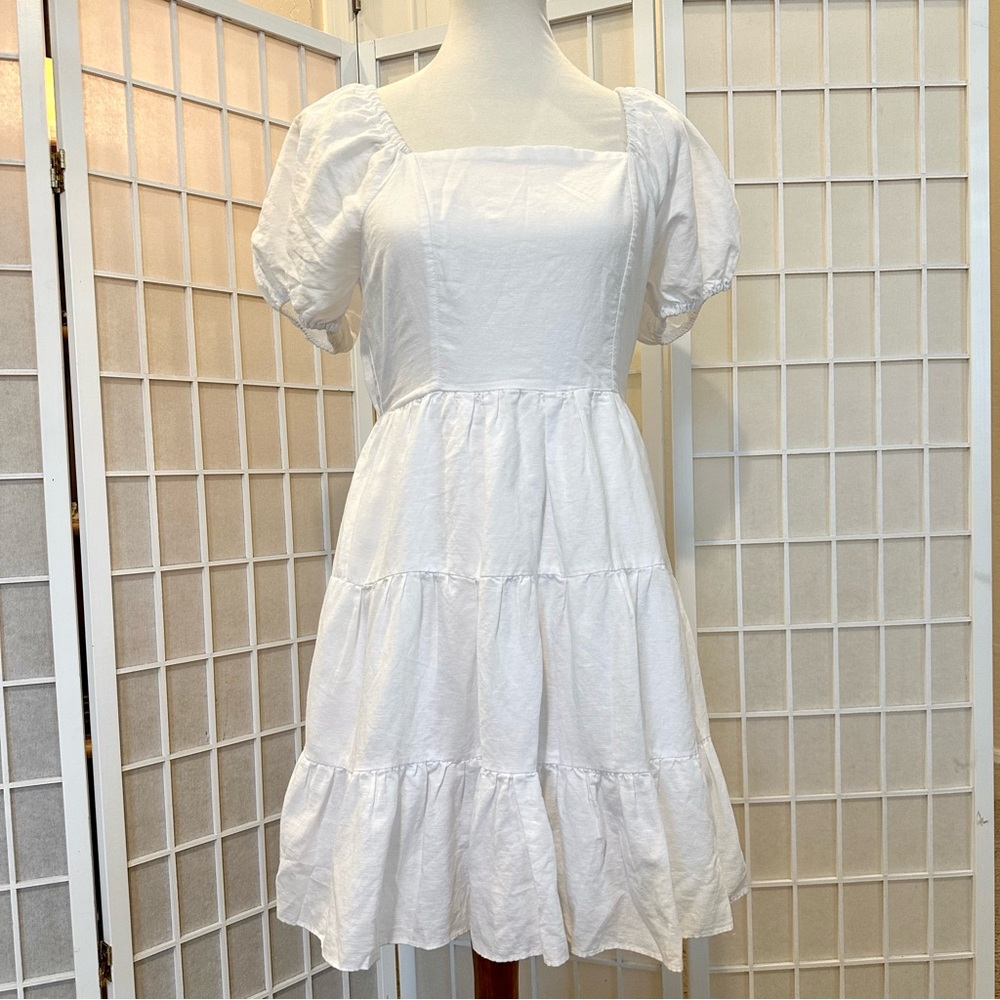 White Puff Sleeve Tiered Linen Dress, size M